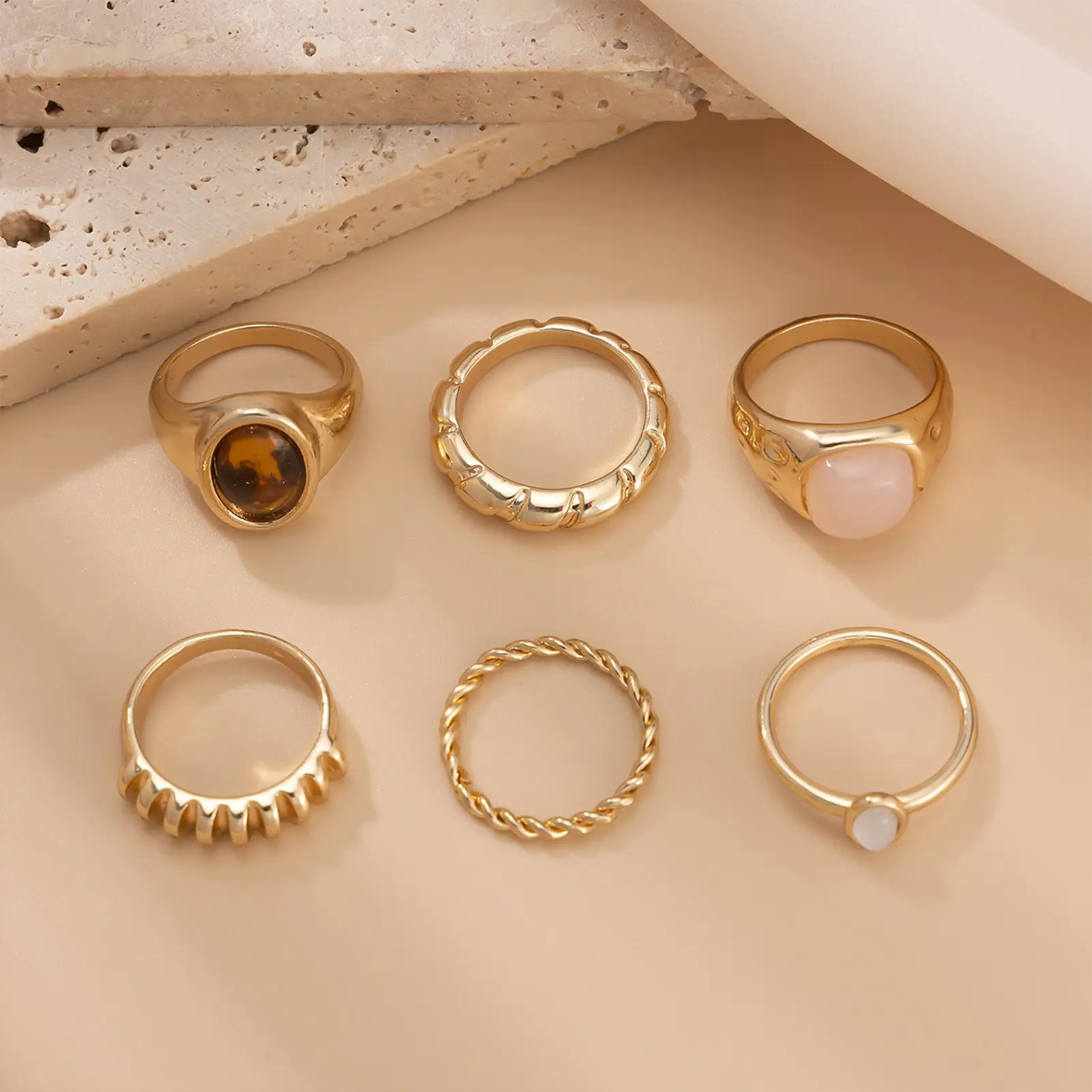 6pcs French Retro Ring For Women Light Luxury Round Droplet Gemstone Ring Summer Outdoor Beach Jewelry Finger Accessories