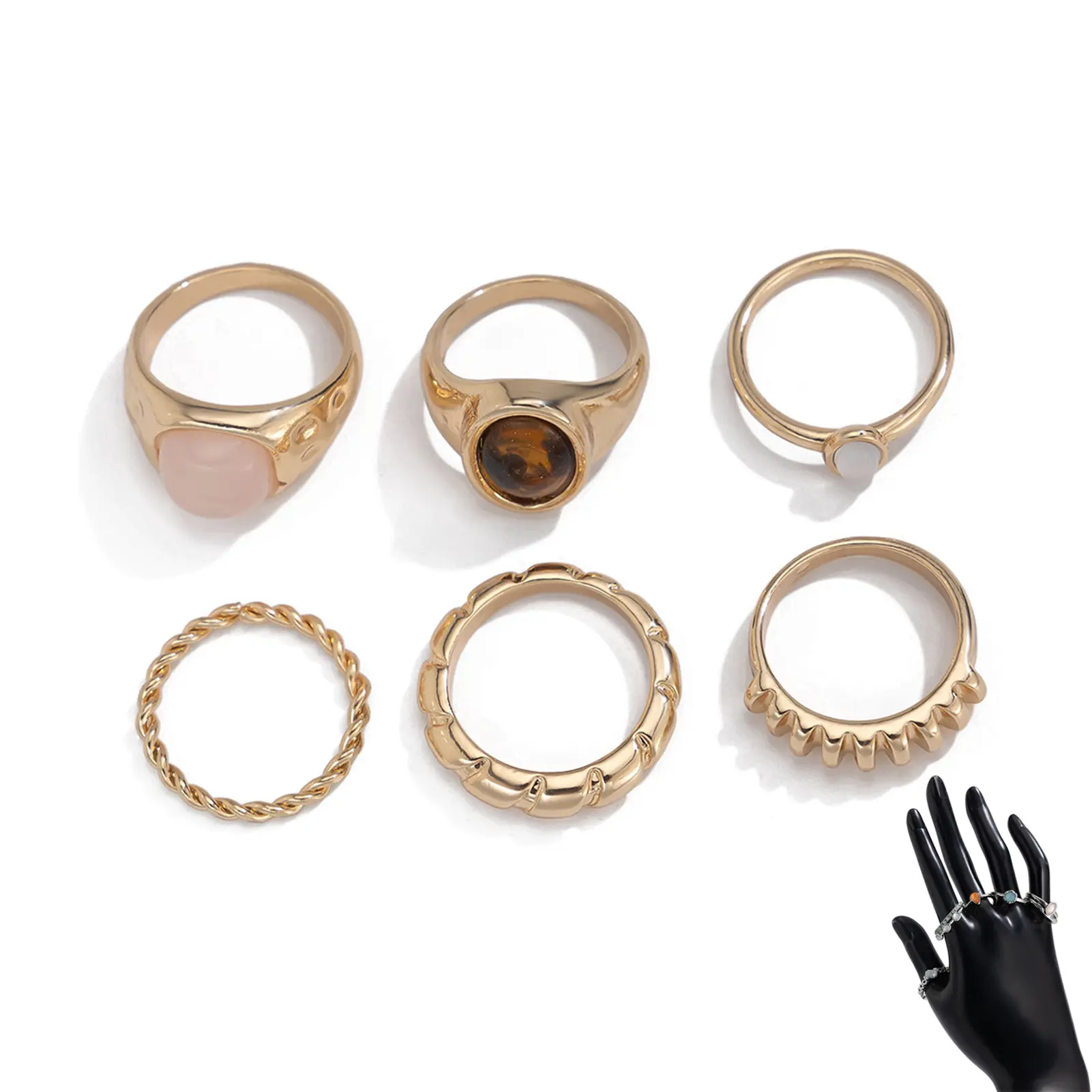 6pcs French Retro Ring For Women Light Luxury Round Droplet Gemstone Ring Summer Outdoor Beach Jewelry Finger Accessories