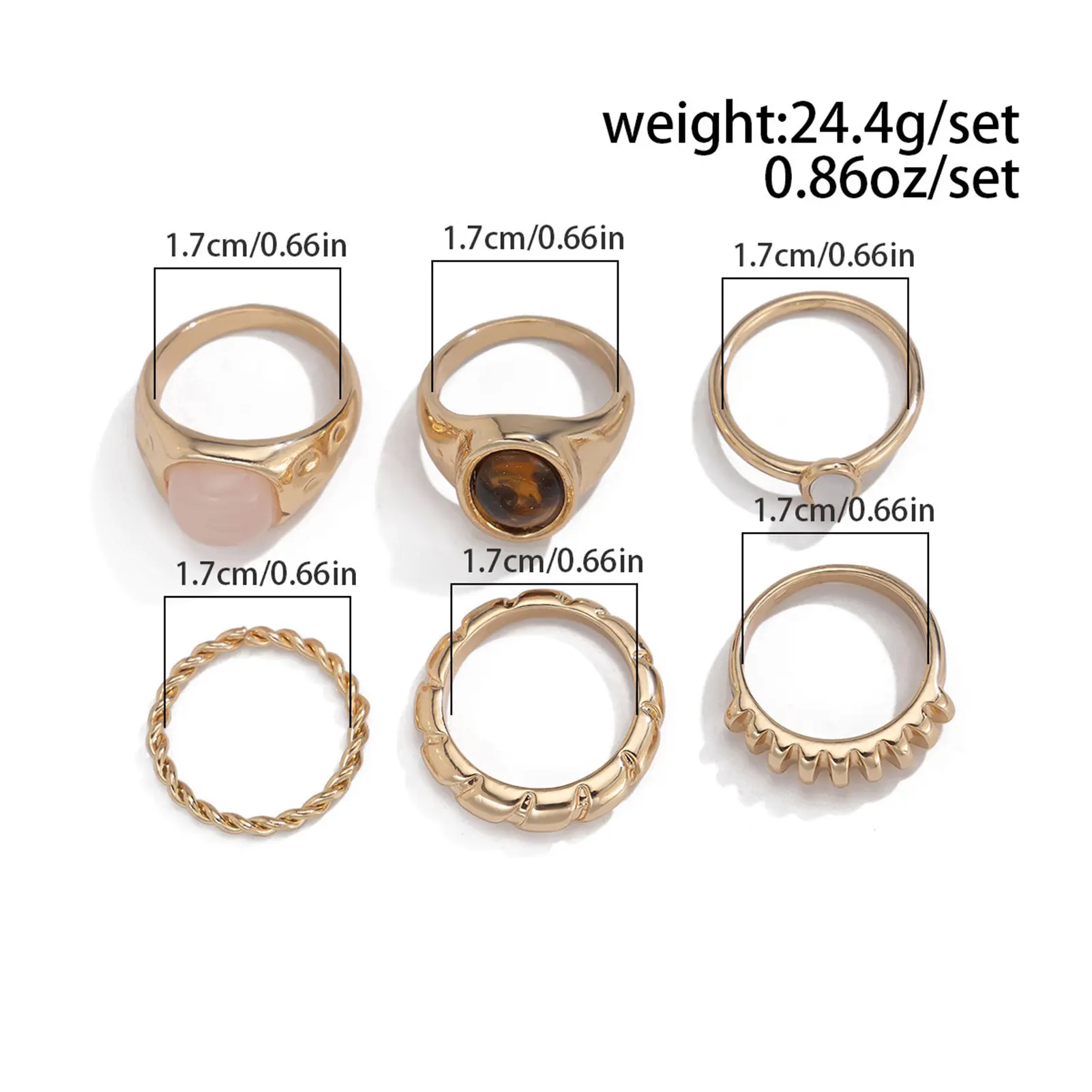 6pcs French Retro Ring For Women Light Luxury Round Droplet Gemstone Ring Summer Outdoor Beach Jewelry Finger Accessories