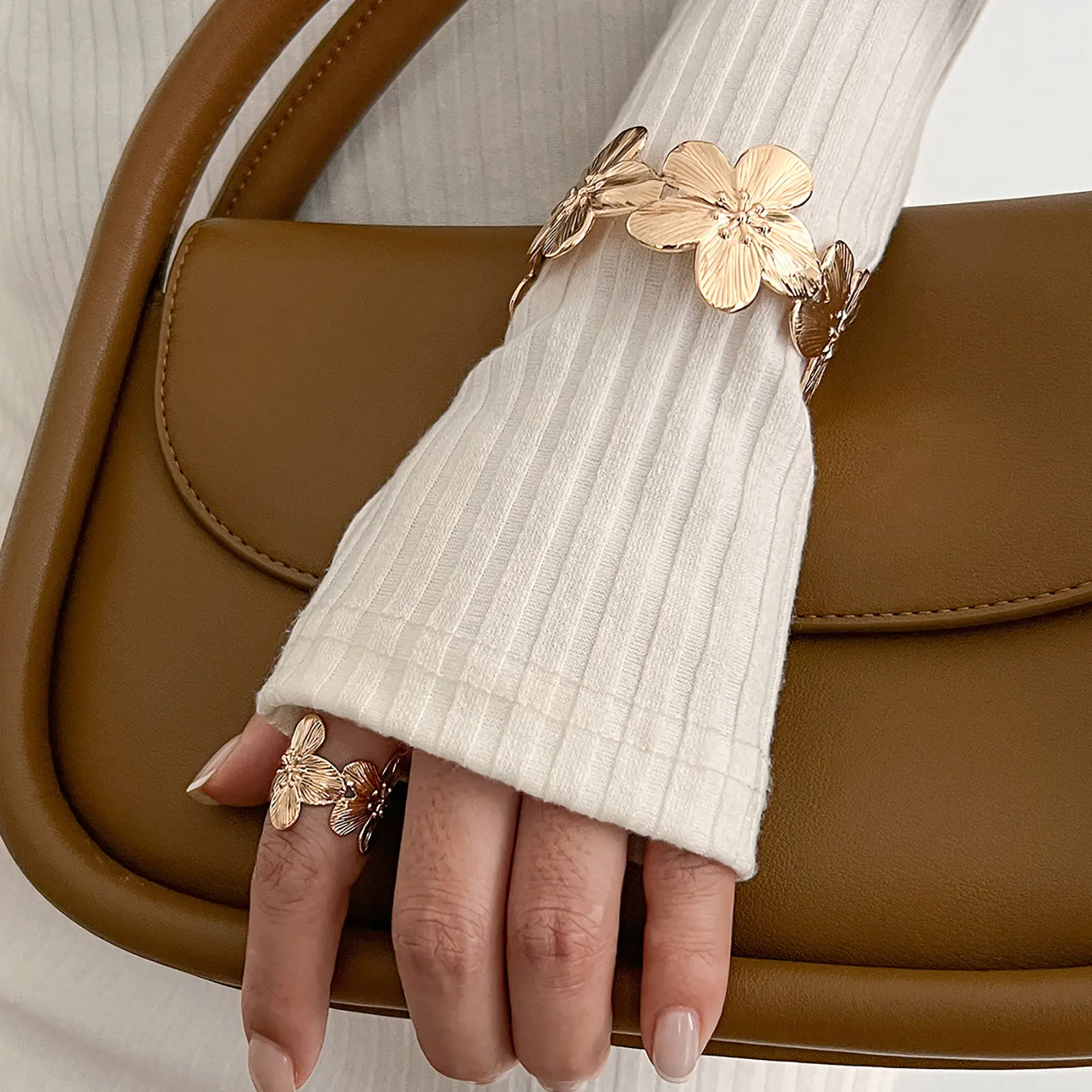 Fashion Flower Ring Bracelet For Women Irregular Ocean Element Ring Set Girls Summer Trendy Hand Decor Jewelry Accessories