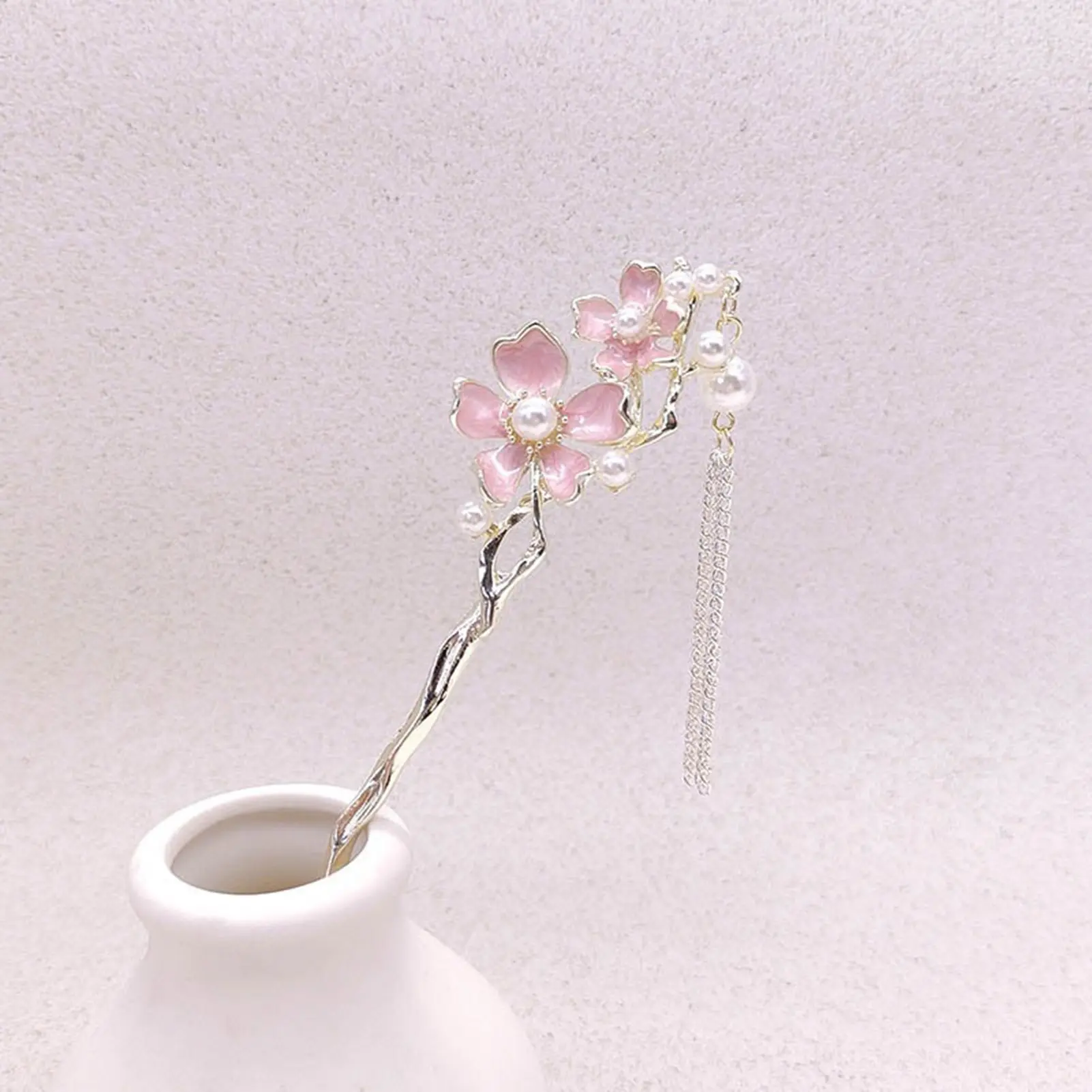 Sweet Romantic Flower Hairpin Vintage Chinese Pink Floral Pearl Tassel Hair Stick For Women Hanfu Hair Accessory Girls Hairpin