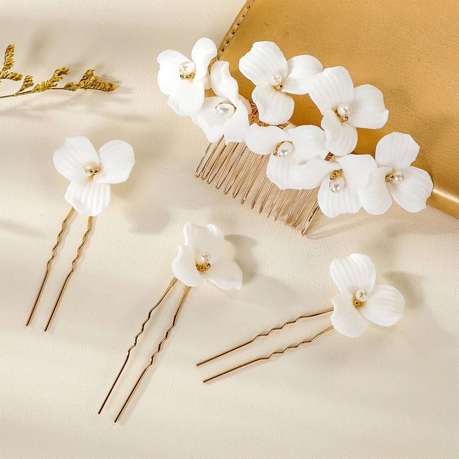 U Shape Women's Hairpin Ceramic Flower Hair Stick Elegant White Floral Pearl Hair Stick For Girls Wedding Hair Accessories
