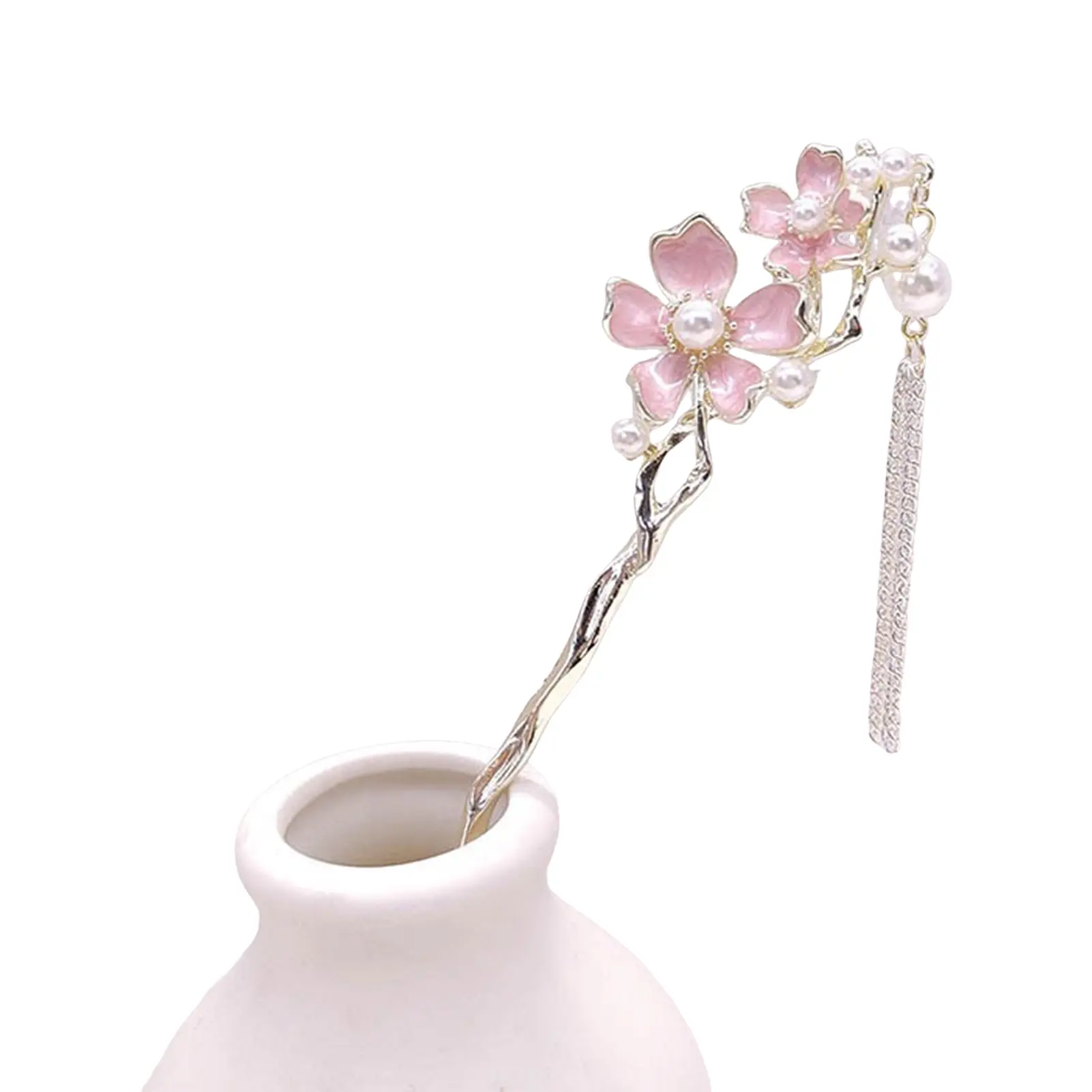 Sweet Romantic Flower Hairpin Vintage Chinese Pink Floral Pearl Tassel Hair Stick For Women Hanfu Hair Accessory Girls Hairpin