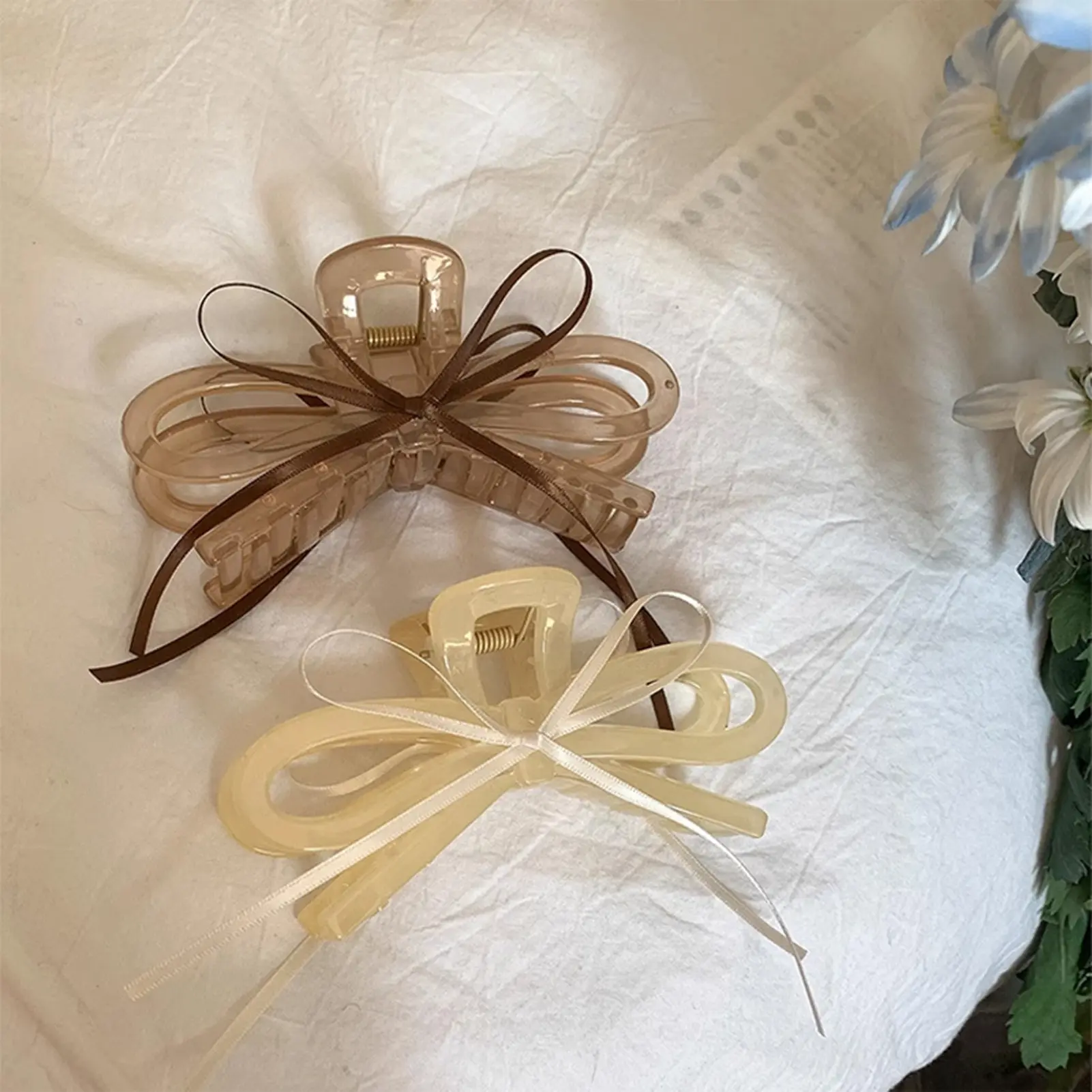 2025 New Acrylic Hair Claw Ribbon Bow Transparent Shark Gripper For Women Girls Summer Outdoor Simple Hair Accessories 12cm
