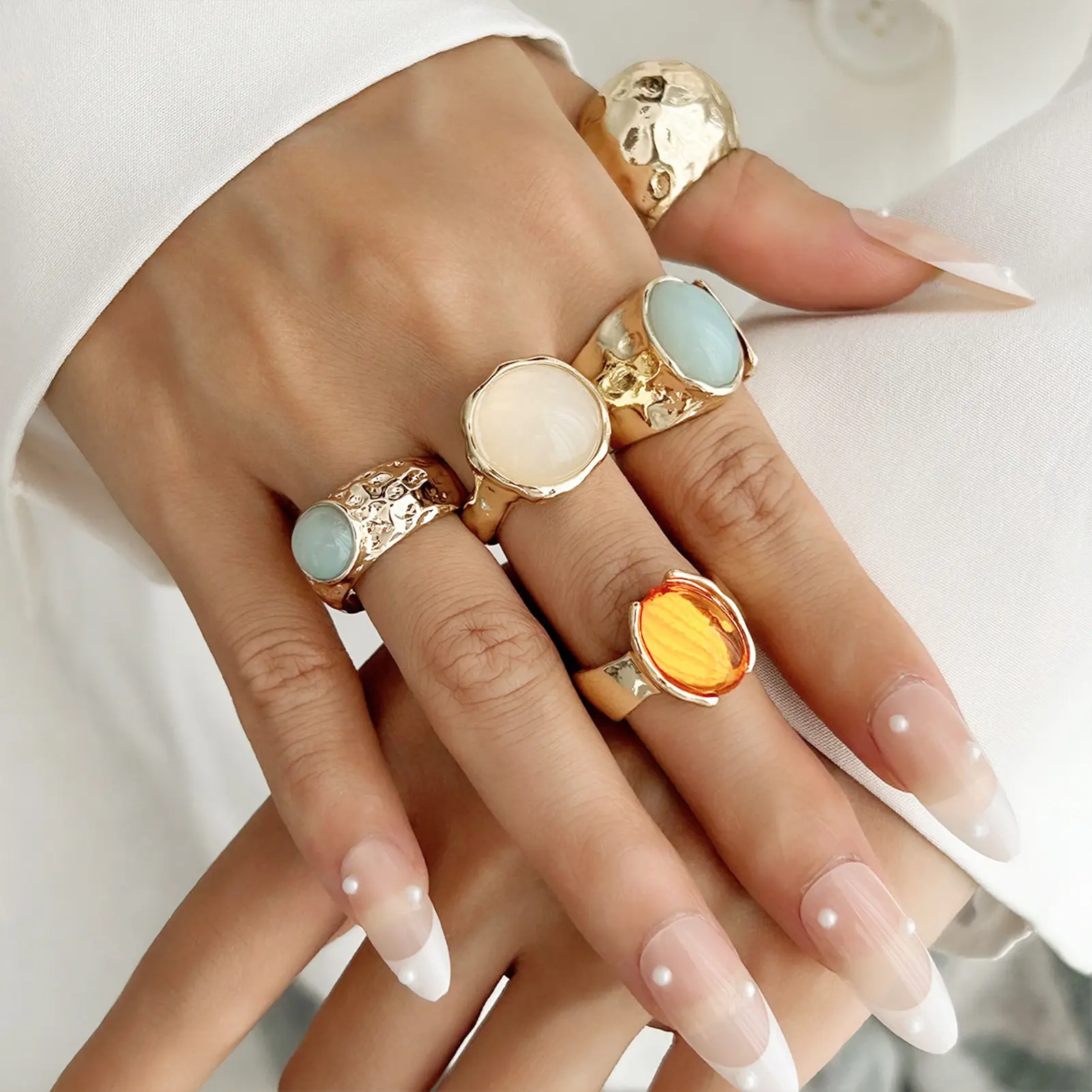 5pcs Moonstone Ring For Women Bohemian Style Irregular Geometric Crystal Ring Light Luxury Jewelry Accessory Summer Beach Ring
