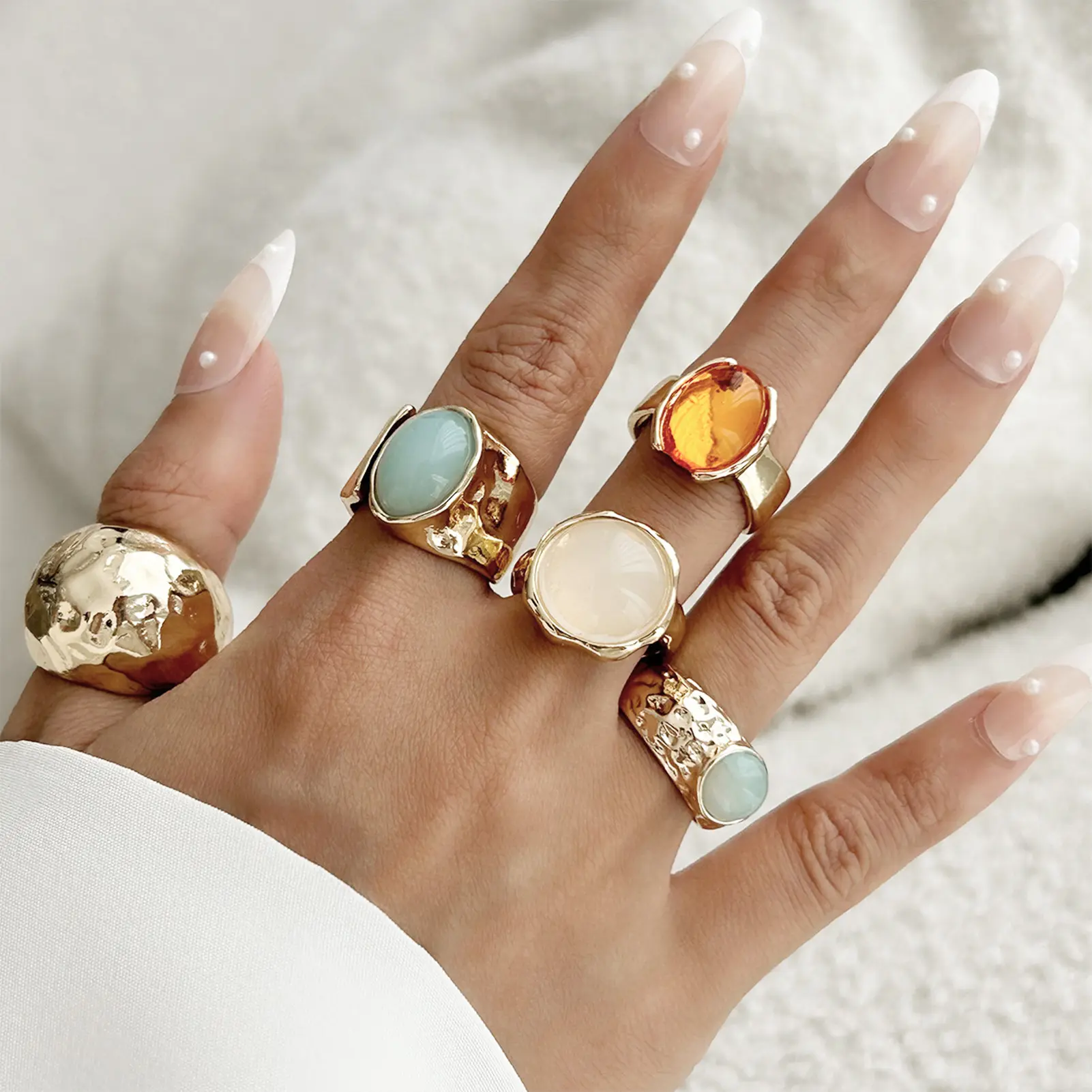 5pcs Moonstone Ring For Women Bohemian Style Irregular Geometric Crystal Ring Light Luxury Jewelry Accessory Summer Beach Ring