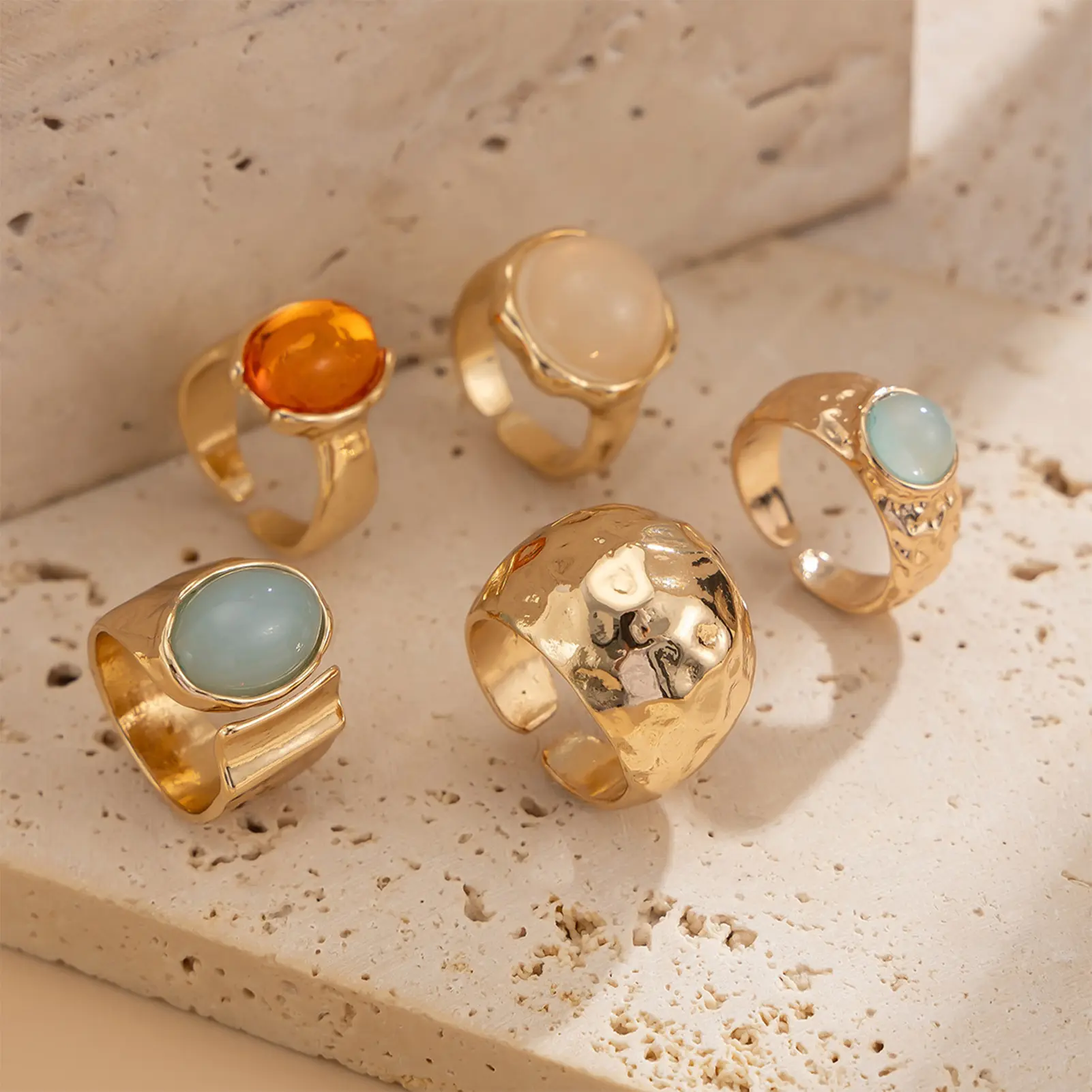 5pcs Moonstone Ring For Women Bohemian Style Irregular Geometric Crystal Ring Light Luxury Jewelry Accessory Summer Beach Ring