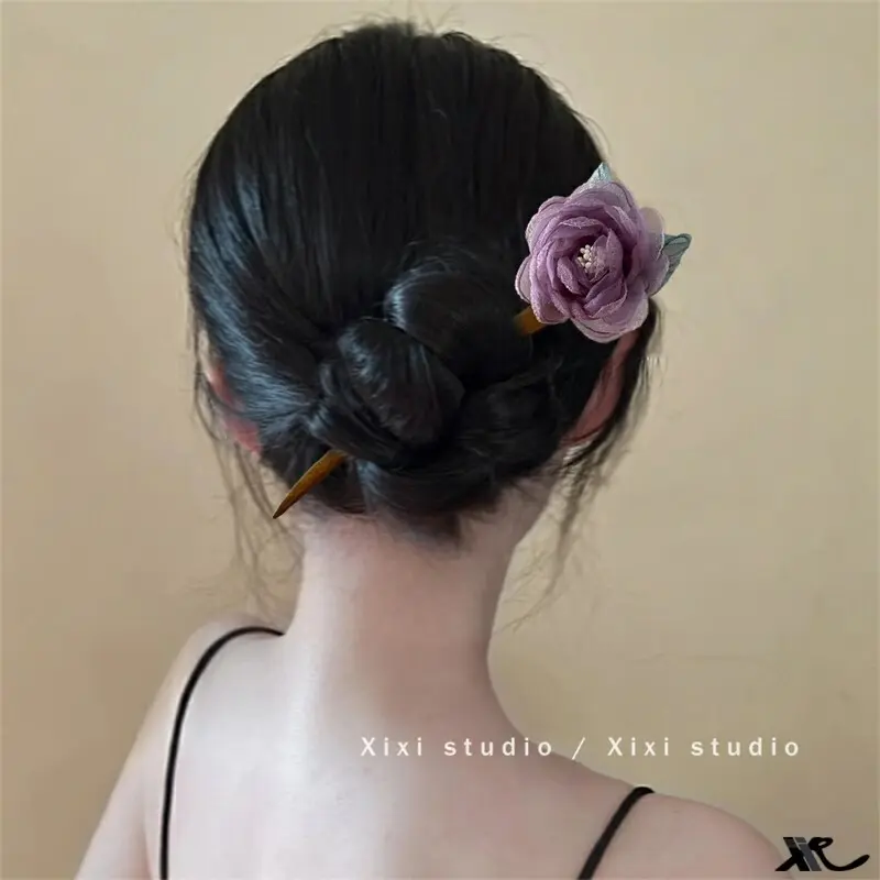 Trendy Flower Hairpin For Women Elegant Wooden Gauze Peony Floral Hair Stick Sweety Romantic Summer Beach Hair Accessories 1pc