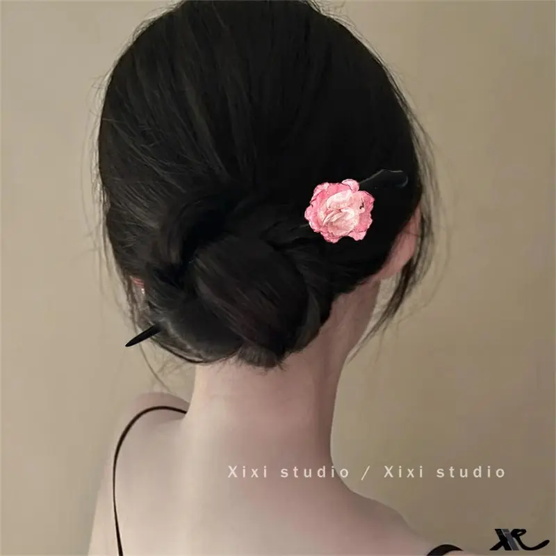 Trendy Flower Hairpin For Women Elegant Wooden Gauze Peony Floral Hair Stick Sweety Romantic Summer Beach Hair Accessories 1pc