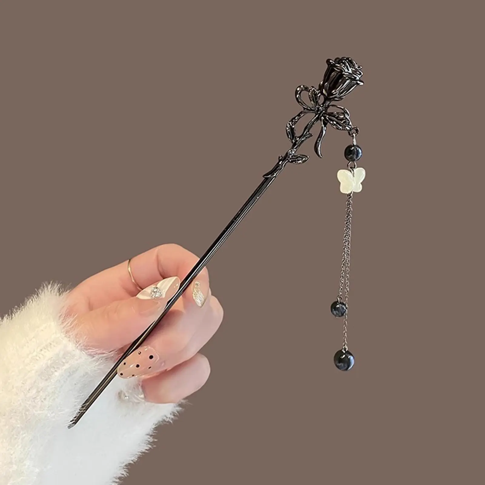 Neo Chinese Style Hairpin For Women Elegant Black Rose Tassel Hair Stick Trendy Metal Flower Hair Pin Girls Hair Accessories