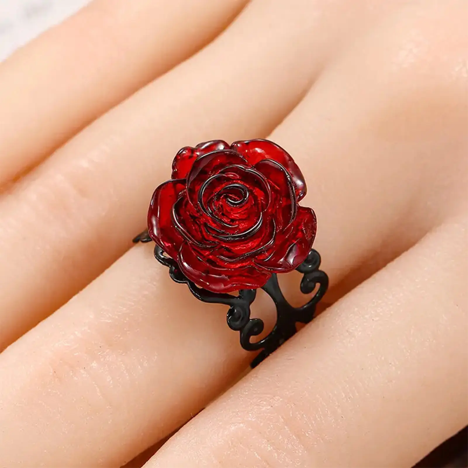 Gothic Style Ring For Women Red Rose Black Thorn Open Ring Halloween Decorative Ring Anime Cosplay Props Jewelry Accessories
