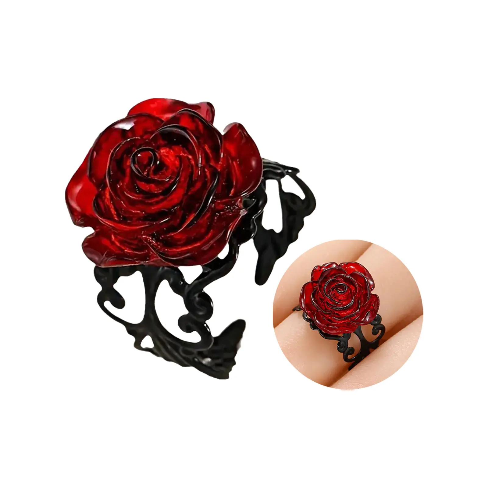 Gothic Style Ring For Women Red Rose Black Thorn Open Ring Halloween Decorative Ring Anime Cosplay Props Jewelry Accessories