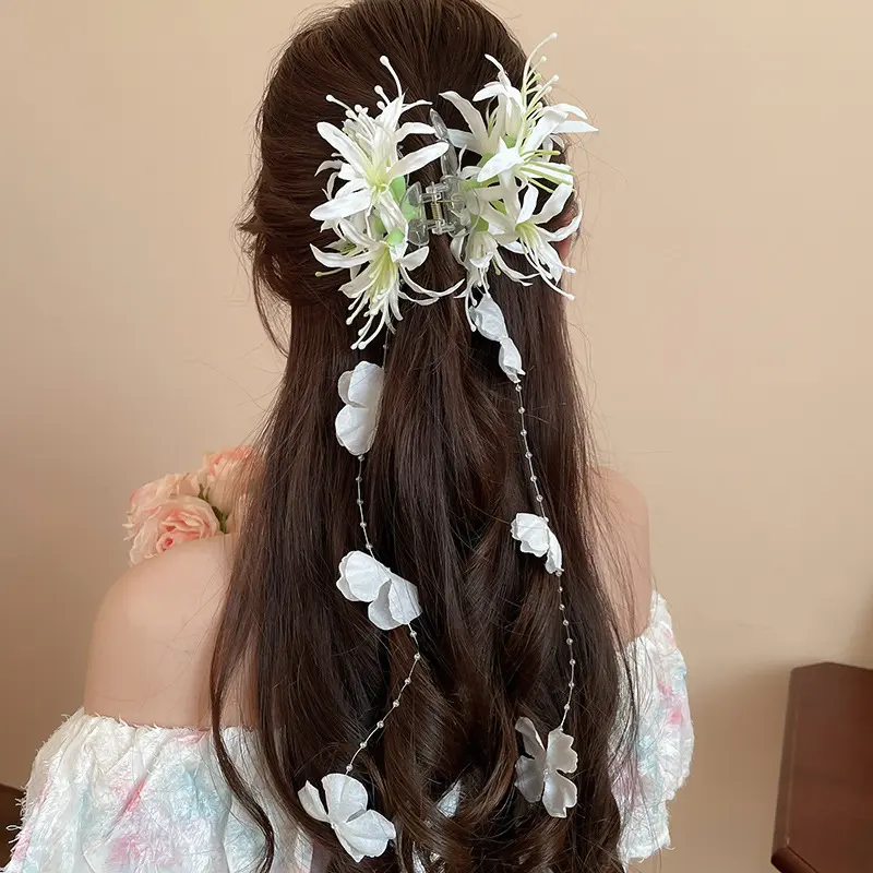 Sweety Bohemia Hair Claw For Women Rhinestones Butterfly Flower Tassel Shark Gripper Summer Fairy Gauze Flower Hair Clip Hairpin