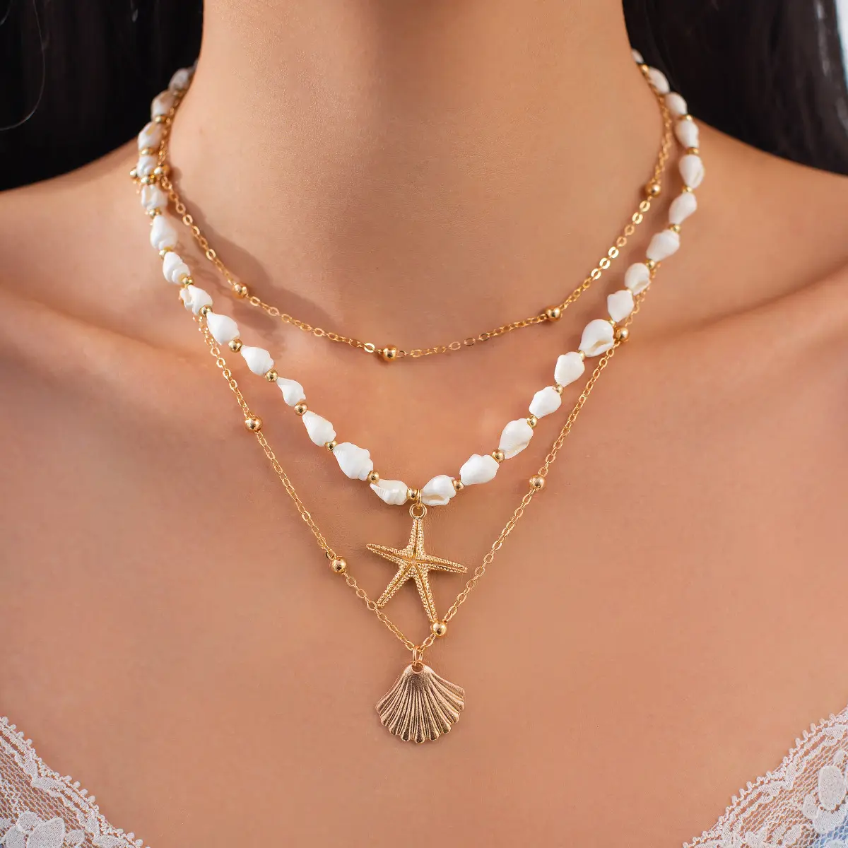 INS Style Stacked Metal Necklace For Women Light Luxury Pearl Pendant Collarbone Chain Trendy Ocean Element Jewelry Neck Chain