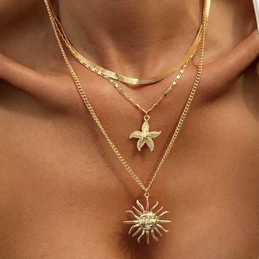 INS Style Stacked Metal Necklace For Women Light Luxury Pearl Pendant Collarbone Chain Trendy Ocean Element Jewelry Neck Chain