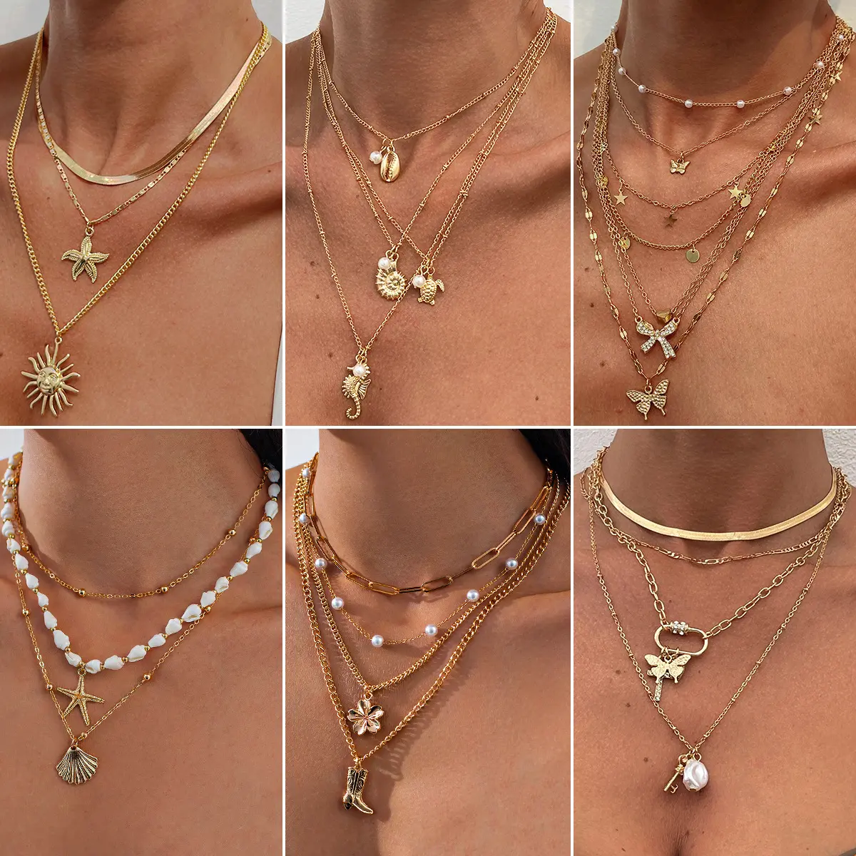 INS Style Stacked Metal Necklace For Women Light Luxury Pearl Pendant Collarbone Chain Trendy Ocean Element Jewelry Neck Chain