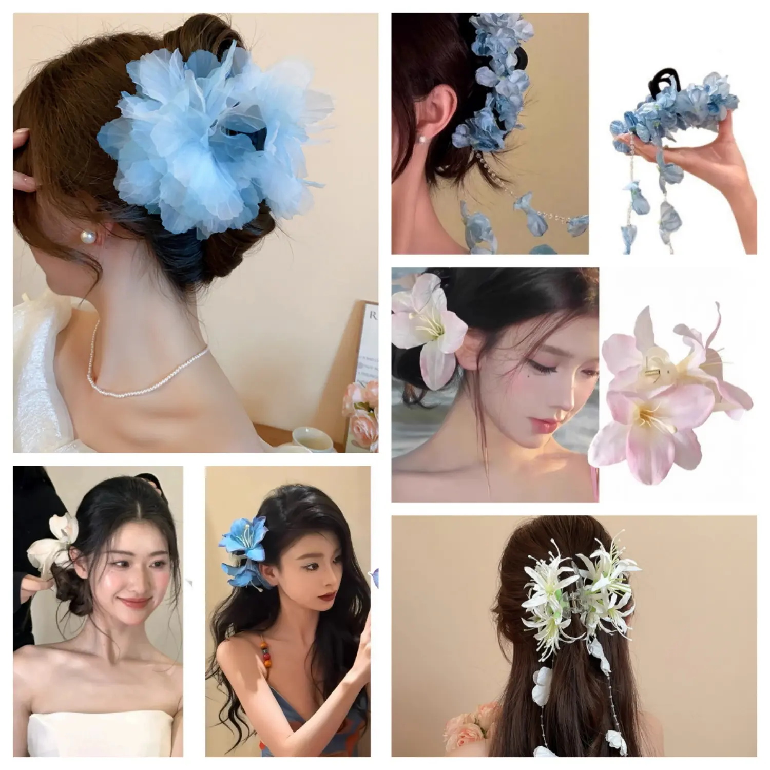 Sweety Bohemia Hair Claw For Women Rhinestones Butterfly Flower Tassel Shark Gripper Summer Fairy Gauze Flower Hair Clip Hairpin
