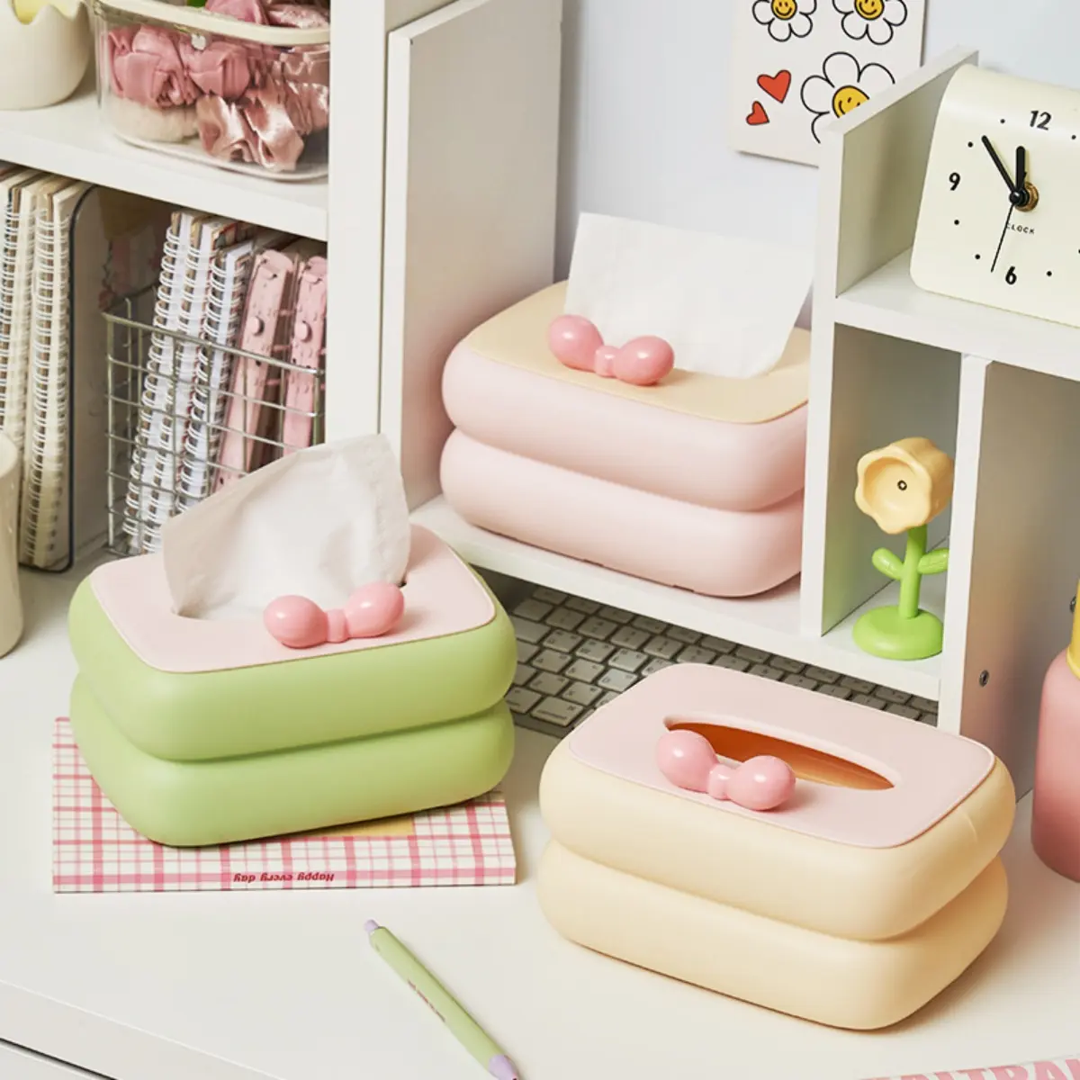 Kawaii Desktop Tissue Box Dopamine Bow Desktop Tissue Box For Living Room Dining Table Bathroom Bedroom Home Storage Accessories