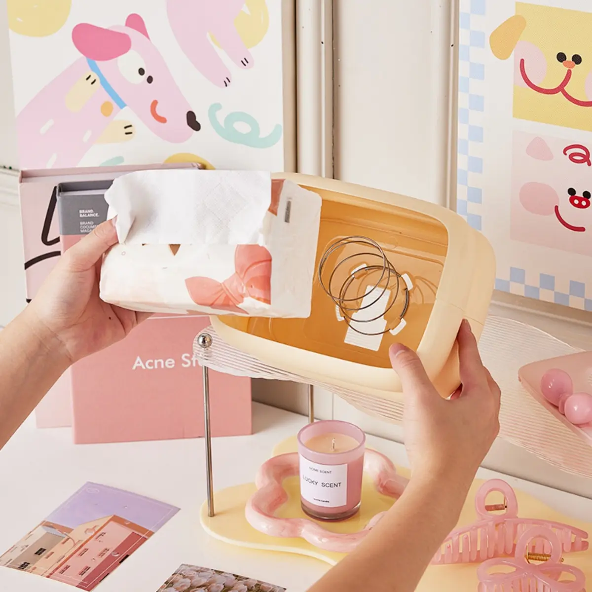 Kawaii Desktop Tissue Box Dopamine Bow Desktop Tissue Box For Living Room Dining Table Bathroom Bedroom Home Storage Accessories