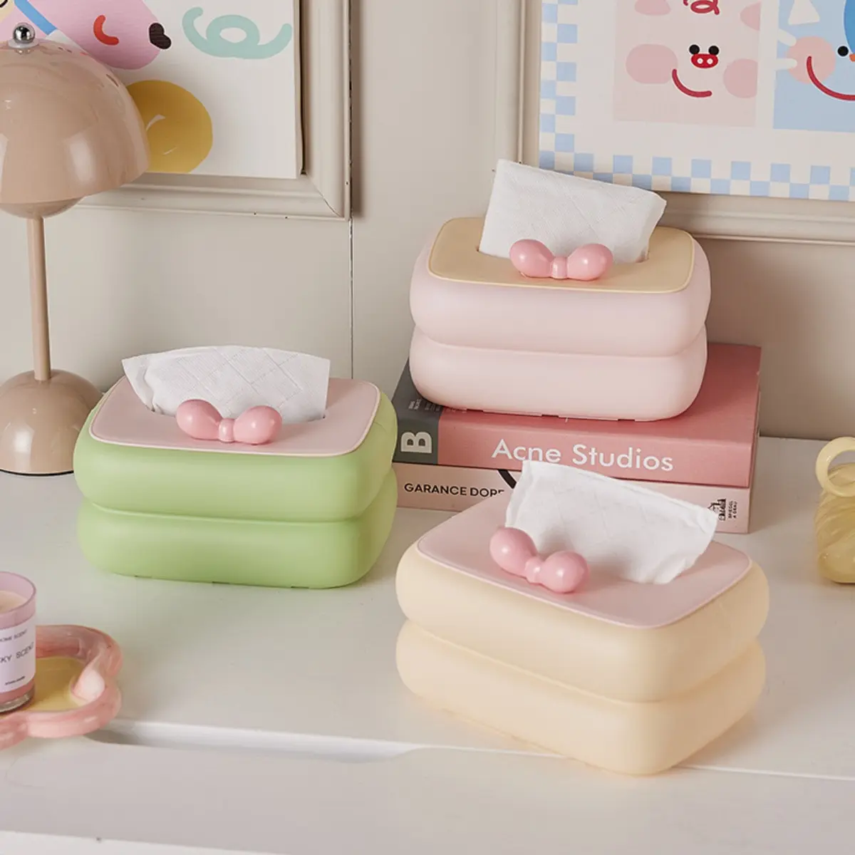 Kawaii Desktop Tissue Box Dopamine Bow Desktop Tissue Box For Living Room Dining Table Bathroom Bedroom Home Storage Accessories
