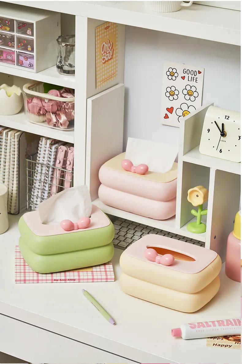 Kawaii Desktop Tissue Box Dopamine Bow Desktop Tissue Box For Living Room Dining Table Bathroom Bedroom Home Storage Accessories