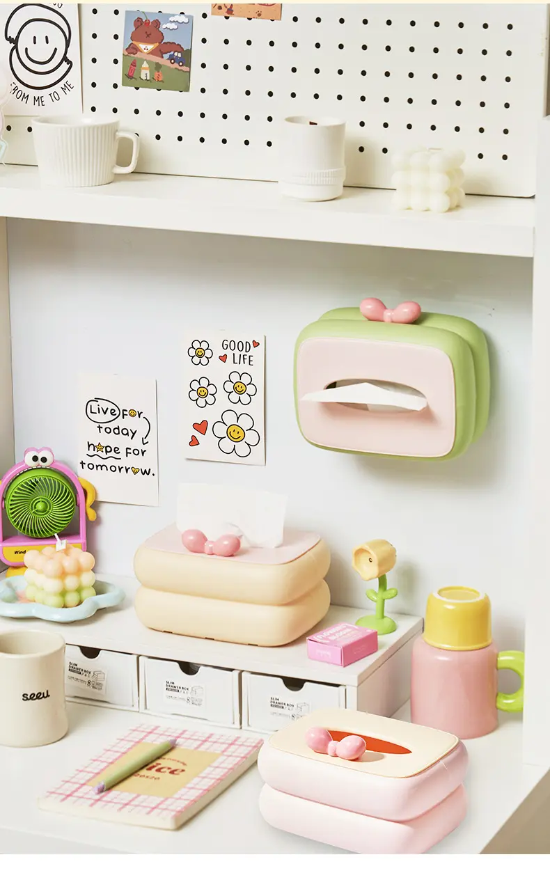 Kawaii Desktop Tissue Box Dopamine Bow Desktop Tissue Box For Living Room Dining Table Bathroom Bedroom Home Storage Accessories