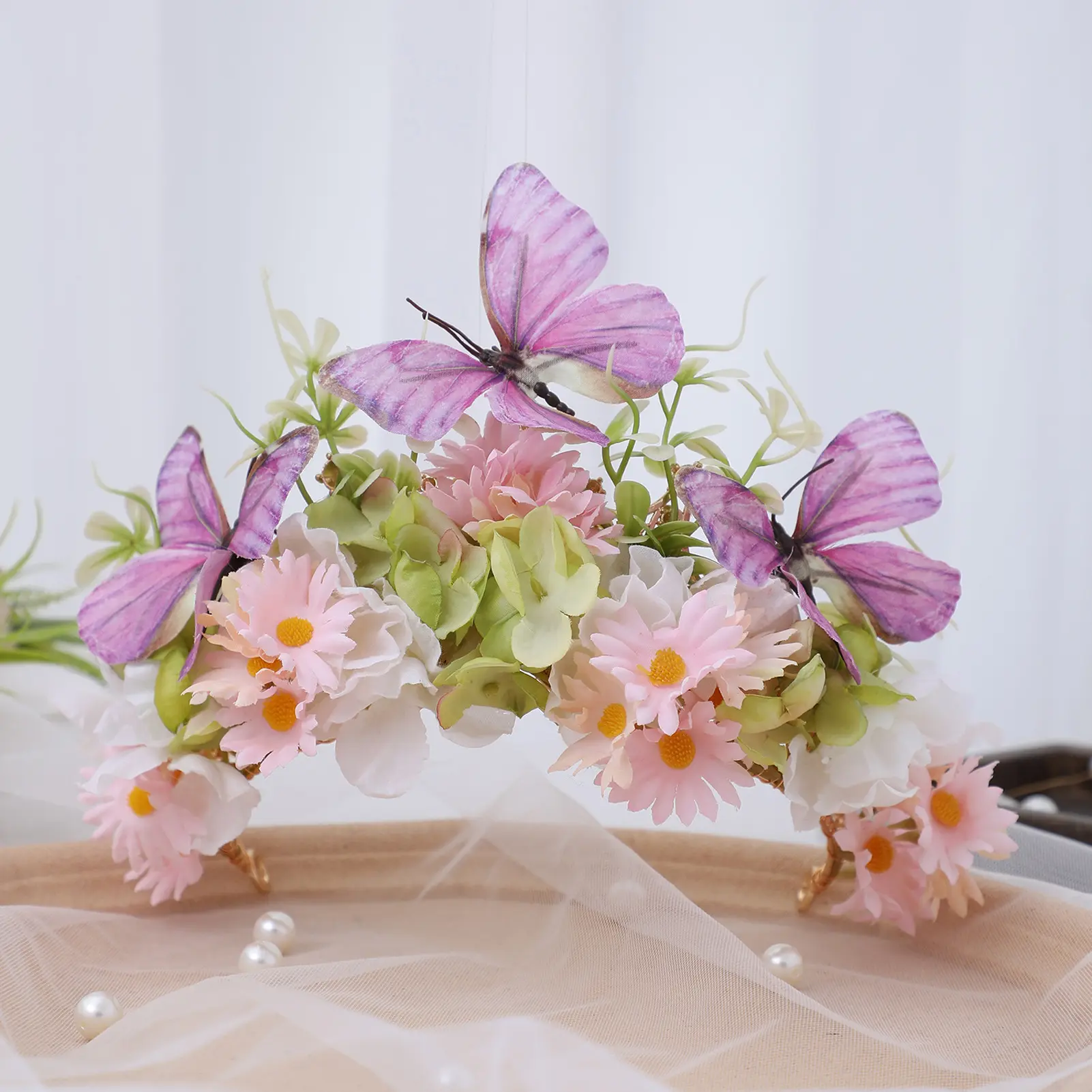 Sweety Romantic Flower Crown For Women Chinese Flower Arrangement Gauze Flower Crown Creative Innovate Floral Hair Accessories