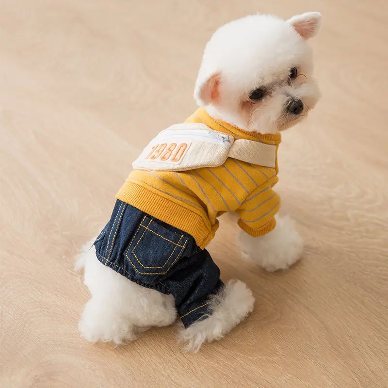 Small Dog Jumpsuit Yellow Striped Jeans Set For Teddy Maldives Bichon Frise Cat Cute Backpack Design Pet Clothing Pet Supplies