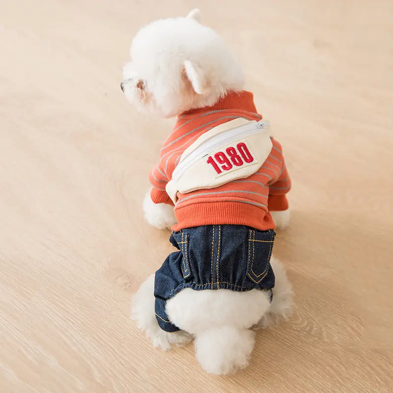 Small Dog Jumpsuit Yellow Striped Jeans Set For Teddy Maldives Bichon Frise Cat Cute Backpack Design Pet Clothing Pet Supplies
