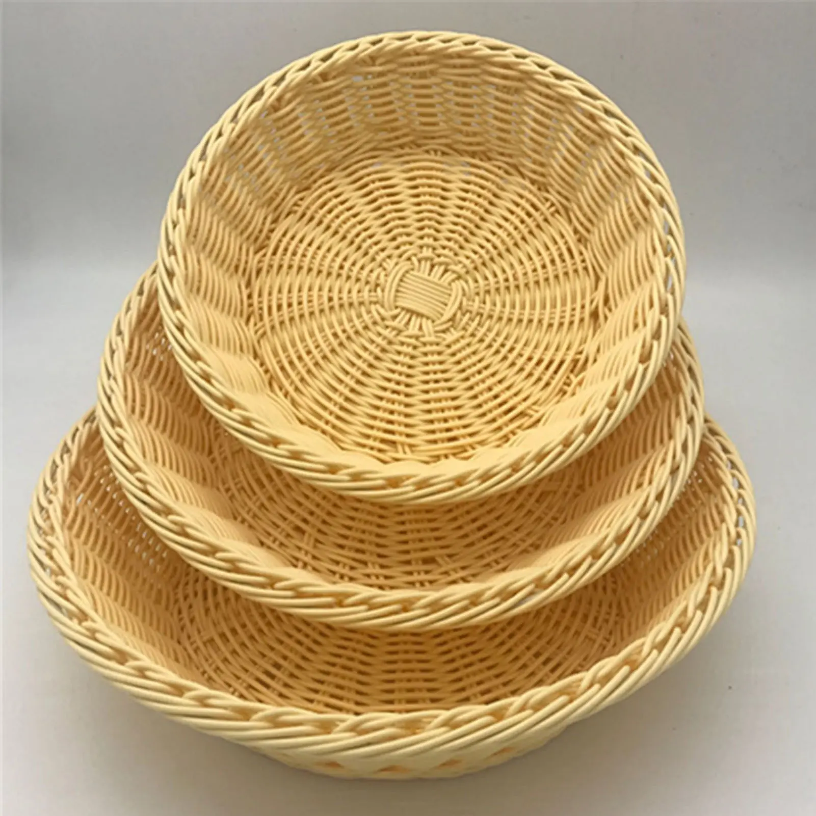 D20/25/29/33cm Bread Basket Handmade Imitation Rattan Plastic Storage Basket For Bread Cookie Dessert Kitchen Storage Accessory