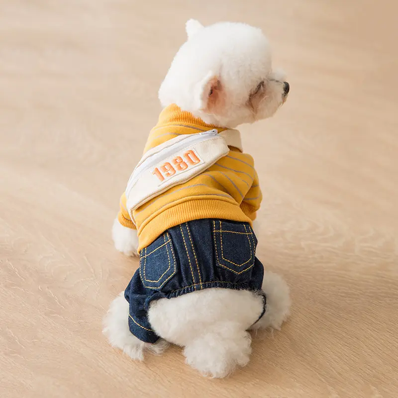 Small Dog Jumpsuit Yellow Striped Jeans Set For Teddy Maldives Bichon Frise Cat Cute Backpack Design Pet Clothing Pet Supplies
