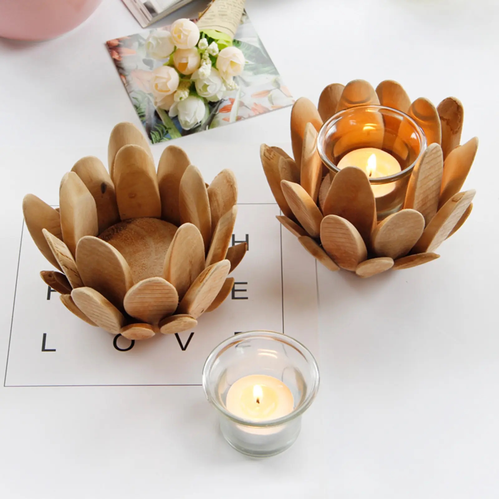 Wooden Lotus Candlestick Creative Petal Shaped Desktop Decorative Candle Holder For Dining Table Cabinet Fireplace Teapoy Desk