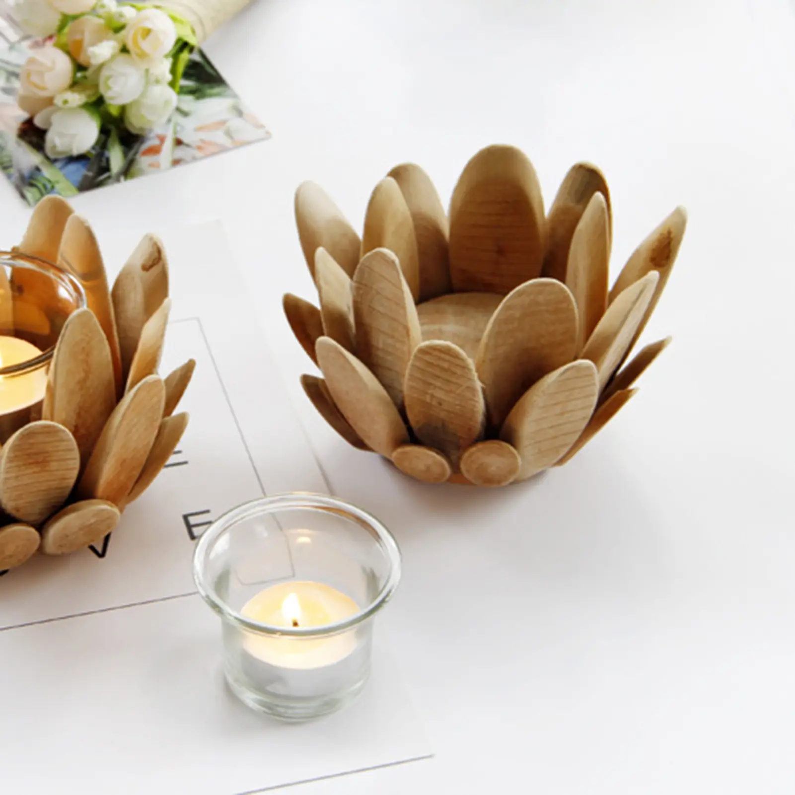 Wooden Lotus Candlestick Creative Petal Shaped Desktop Decorative Candle Holder For Dining Table Cabinet Fireplace Teapoy Desk