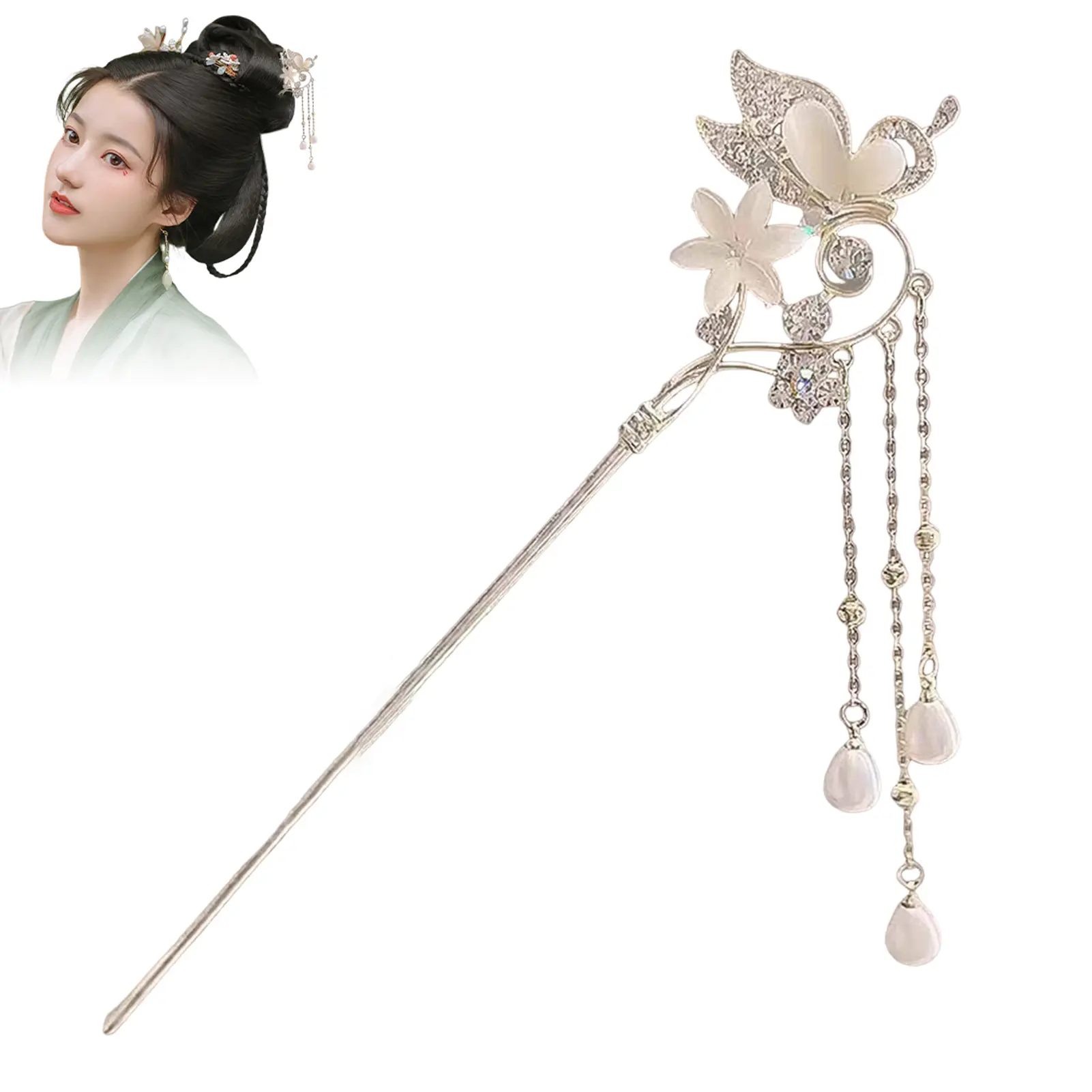 Vintage Tassel Hairpin Chinese Style Butterfly Flower Cat Eye Hairpin Elegant Retro Women's Hair Stick Jewelry Hair Accessories