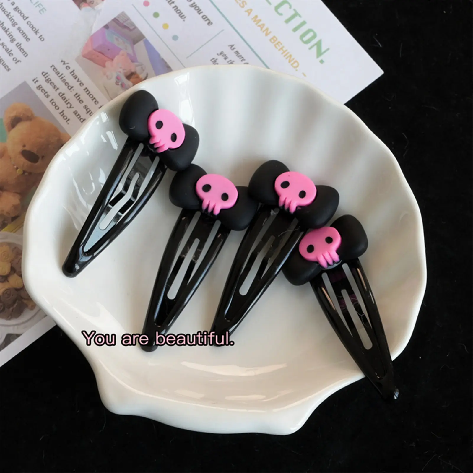 1/5/10pcs Cartoon Hair Clips For Women Gothic Style Pink Skull Bow BB Clip 2025 Halloween Party Decoration Clip Hair Accessories