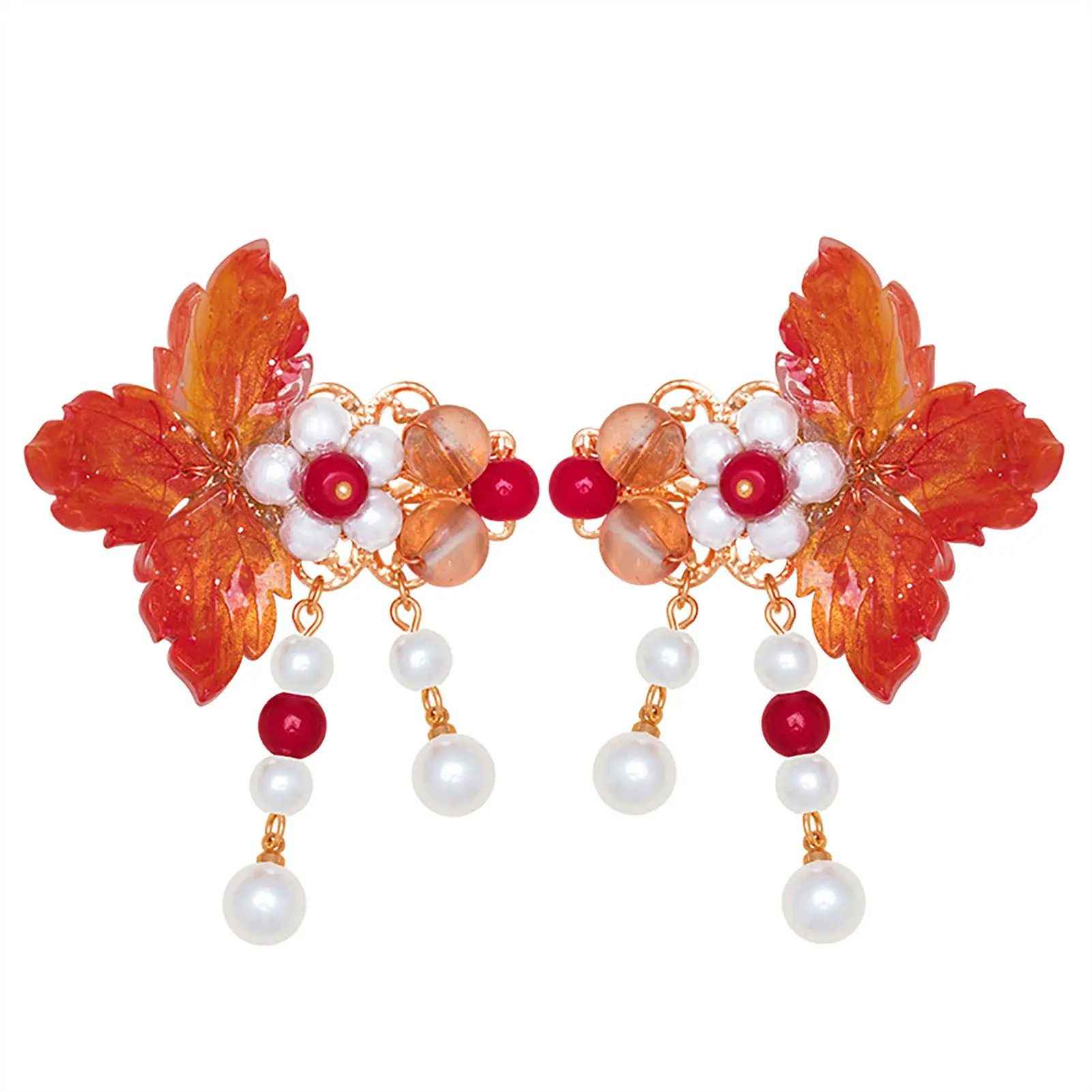 2pcs Vintage Tassel Hair Clip Chinese Style Red Leaf Pendant Hair Clip For Women Elegant Hanfu Dress Jewelry Hair Accessories