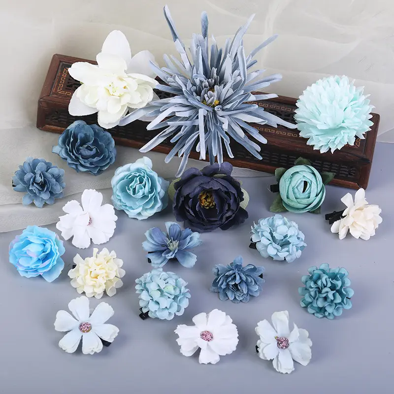 Elegant Blue Flower Hair Clips Bohemian Style Gauze Flower Hairpin For Women Exquisite Handmade Peony Rose Egg Flower Hair Clips
