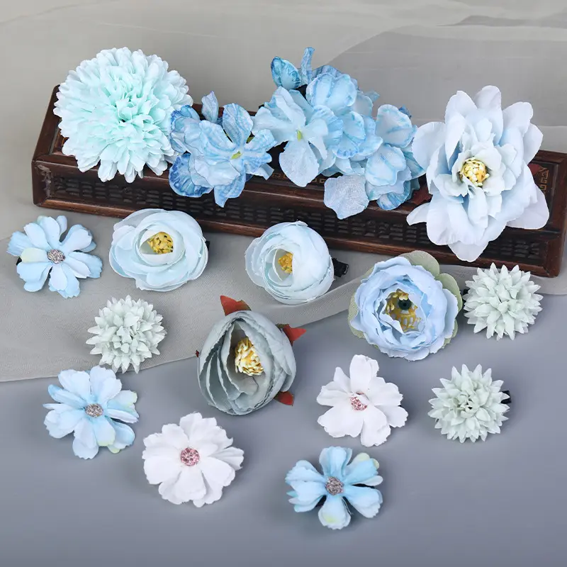 Elegant Blue Flower Hair Clips Bohemian Style Gauze Flower Hairpin For Women Exquisite Handmade Peony Rose Egg Flower Hair Clips