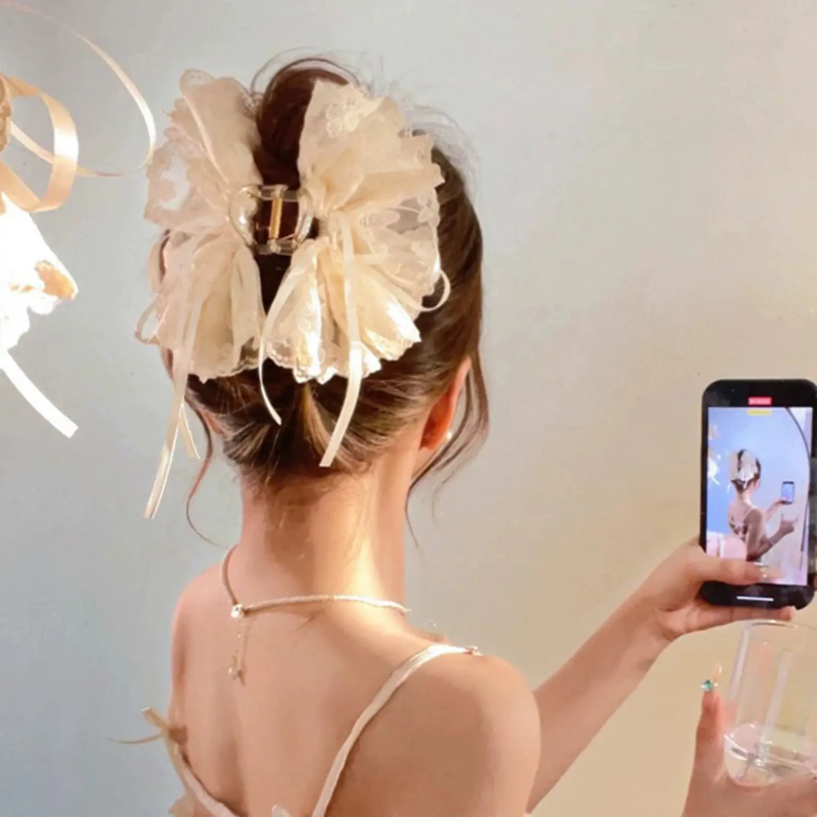 Elegant Fashion Hair Claw Barrettes With Lace Bowknot Flower Decor Ponytail Holder Large Shark Clip Thin Thick Long Short Hair