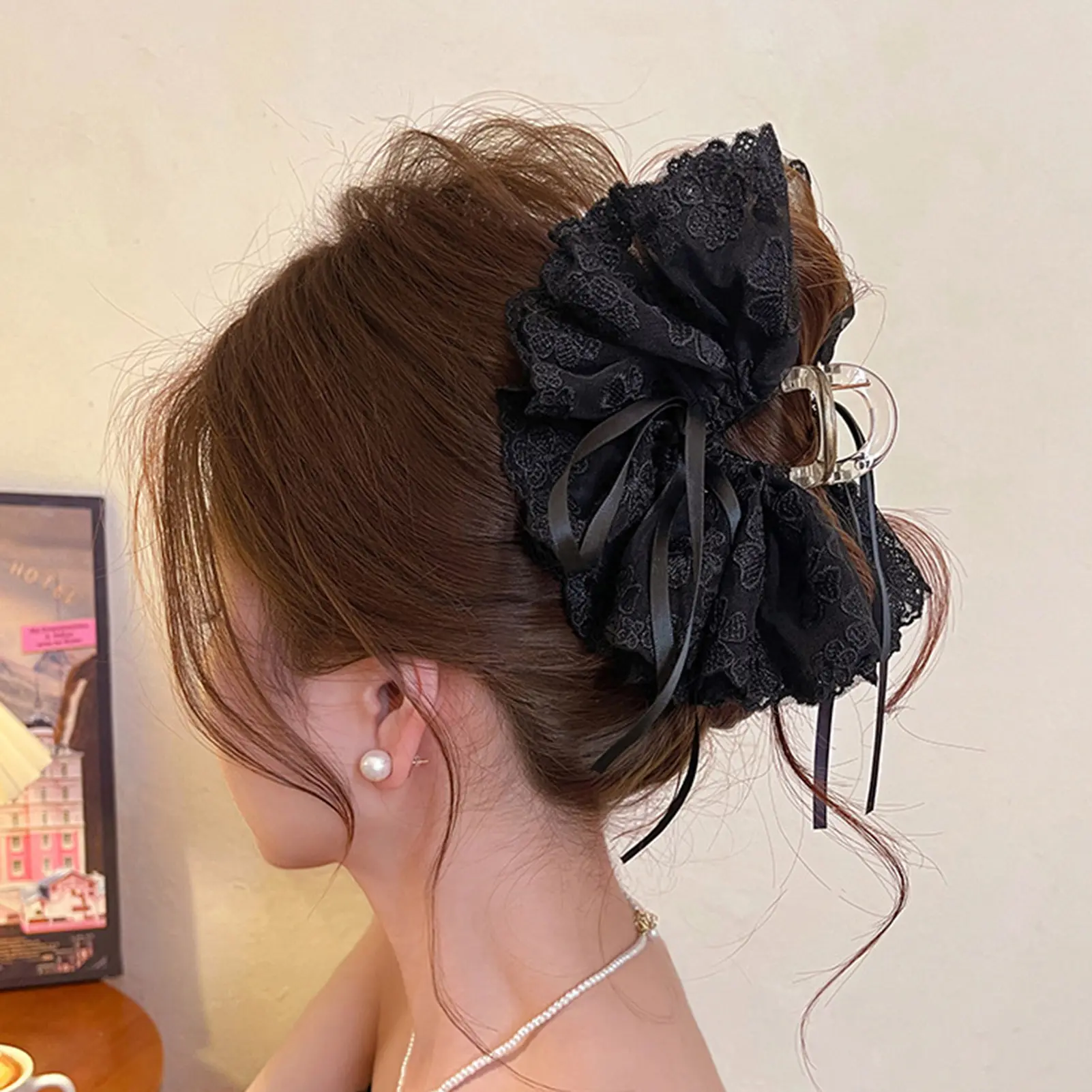 Elegant Fashion Hair Claw Barrettes With Lace Bowknot Flower Decor Ponytail Holder Large Shark Clip Thin Thick Long Short Hair