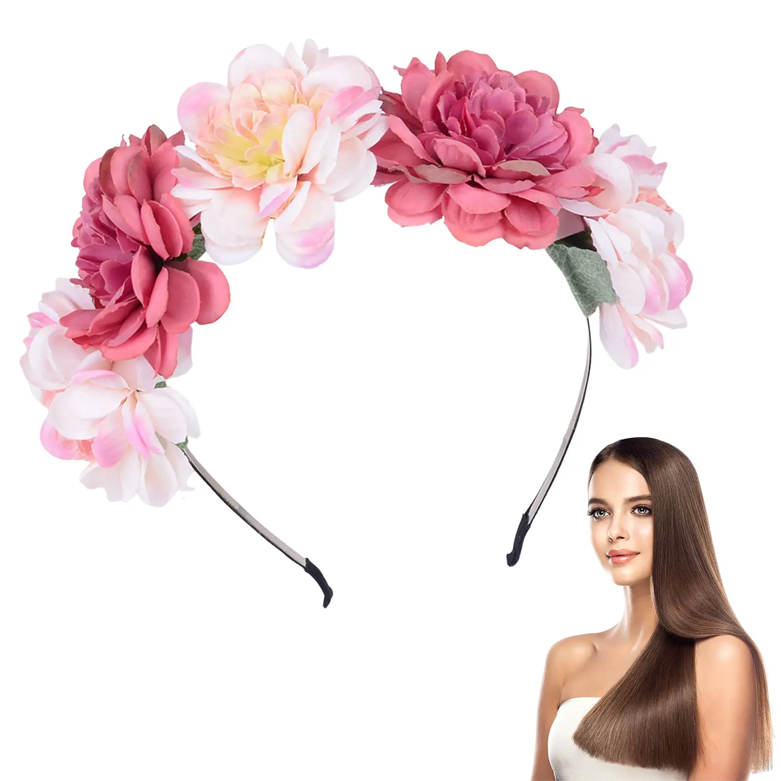 Elegant Flower Headband For Women Artificial Simulated Floral Hair Band Sweety Pink Hair Hoop Girls Photography Accessories 1pc