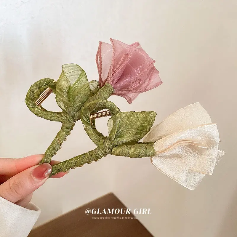 5.7inch Flower Hair Claw For Women Ins Style Handmade Clothes Tulip Hair Clip Elegant Trendy Floral Shark Gripper Hair Accessory