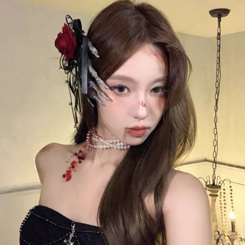 Gothic Style Hair Clip For Women Lace Rose Skeleton Finger Design Duckbill Clip Cosplay Dress Party Thrilling Hair Accessories