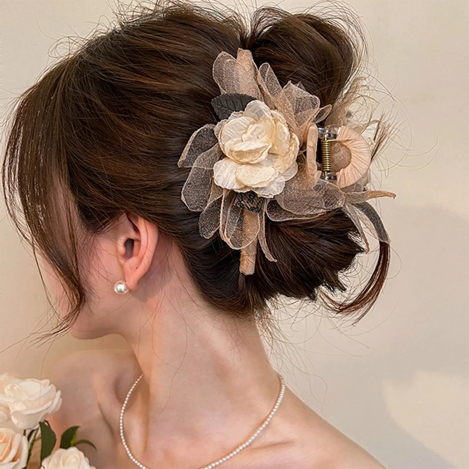Korean Style Flower Hair Claw Champagne Color Mesh Mountain Camellia Shark Hair Gripper Sweety Exquisite Flower Hair Accessories