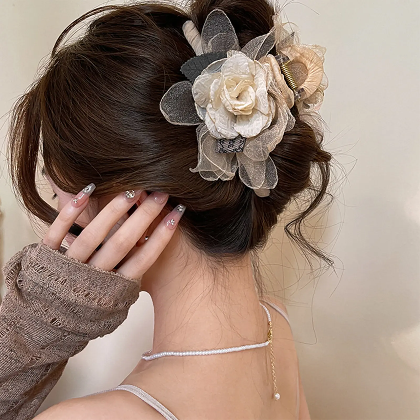 Korean Style Flower Hair Claw Champagne Color Mesh Mountain Camellia Shark Hair Gripper Sweety Exquisite Flower Hair Accessories