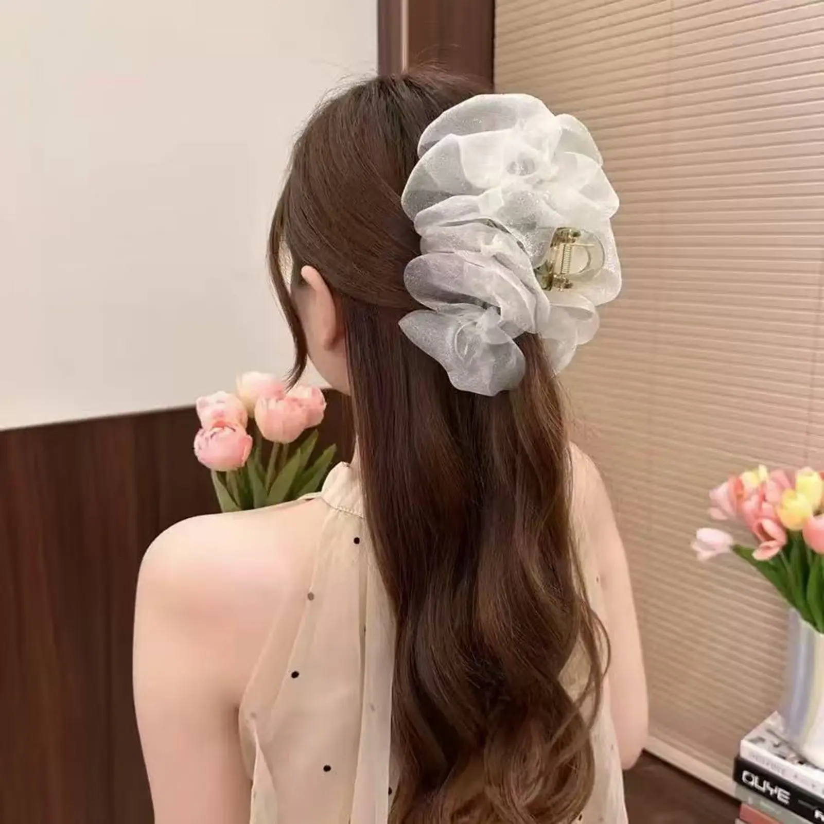 Korean Style Fairy Hair Claw Elegant Exquisite Pearlescent Gauze Hair Clip For Women Gentle Sweety Bowknot Hair Accessories