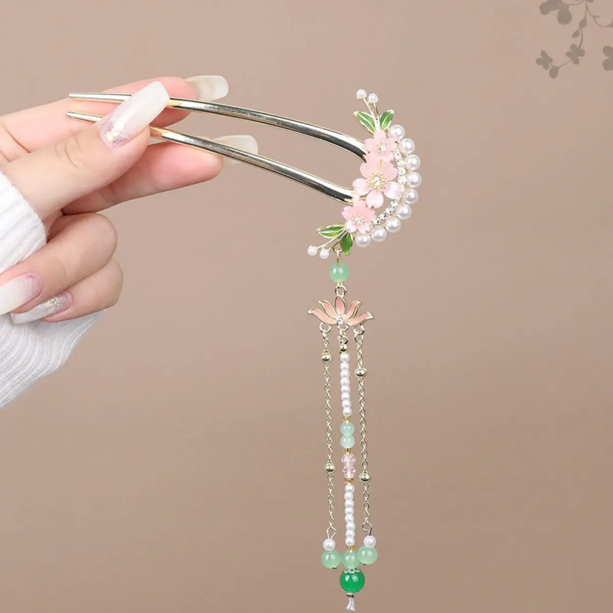 U Shaped Flower Hairpin Elegant Exquisite Pearl Tassel Hair Stick For Women Light Luxury Handmade Glaze Floral Hair Accessories