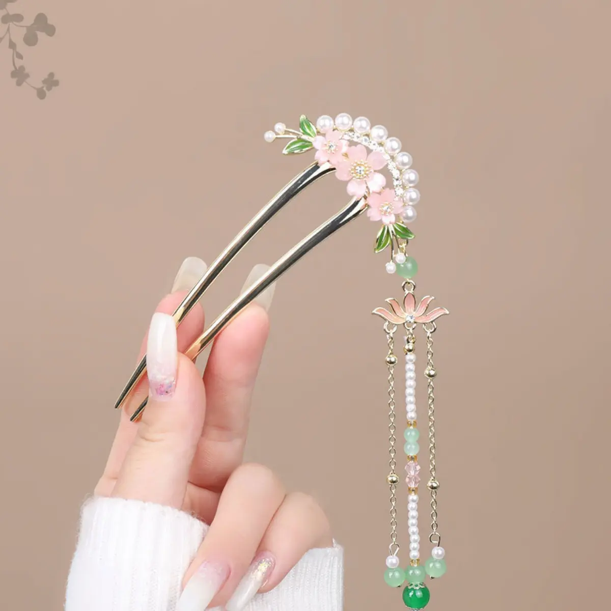 U Shaped Flower Hairpin Elegant Exquisite Pearl Tassel Hair Stick For Women Light Luxury Handmade Glaze Floral Hair Accessories