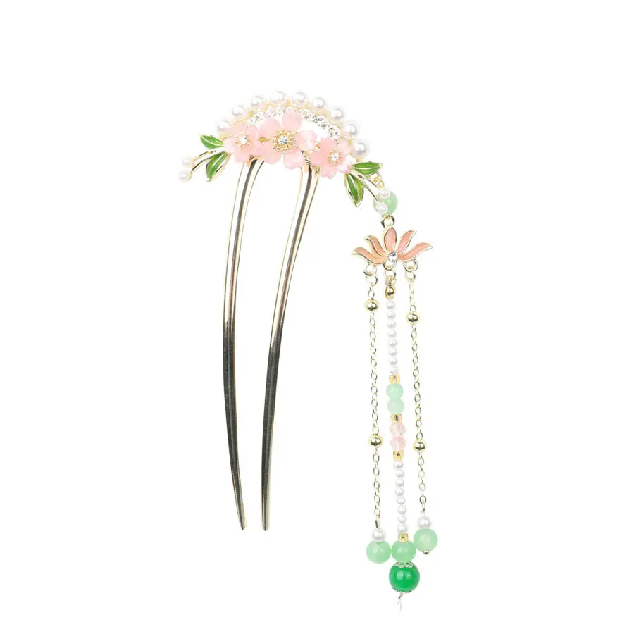 U Shaped Flower Hairpin Elegant Exquisite Pearl Tassel Hair Stick For Women Light Luxury Handmade Glaze Floral Hair Accessories
