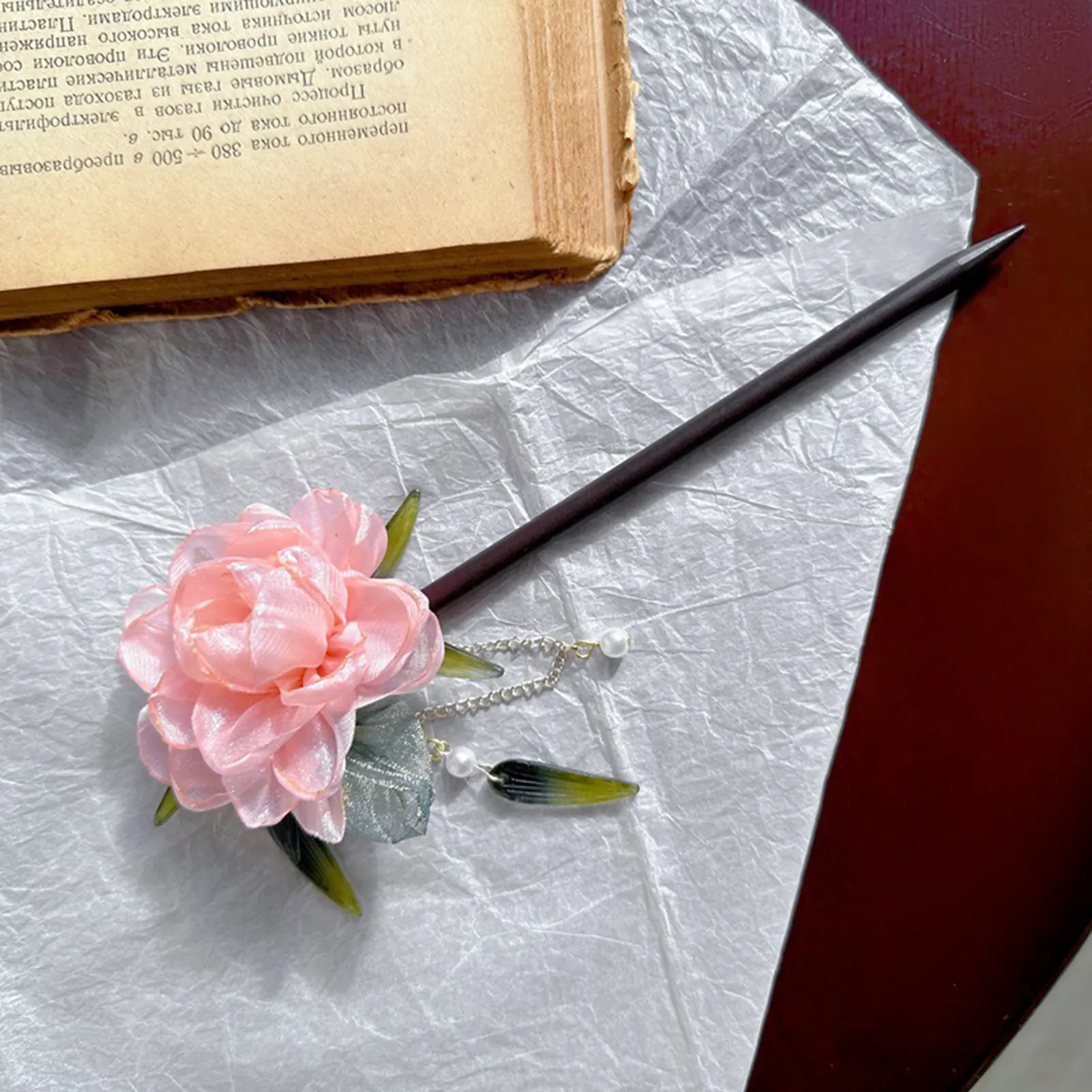 Fairy Gauze Flower Hairpin For Women Pink Pearl Peony Tassel Hair Stick Elegant Hanfu Dress Hair Accessories Exquisite Hairpin
